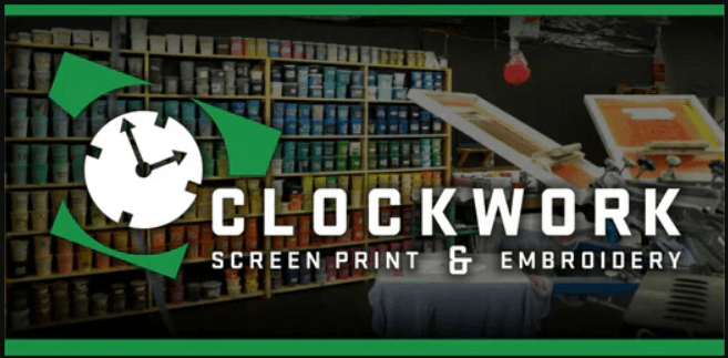 Clockwork Screen Print & Embroidery logo with shop interior showing supplies and equipment