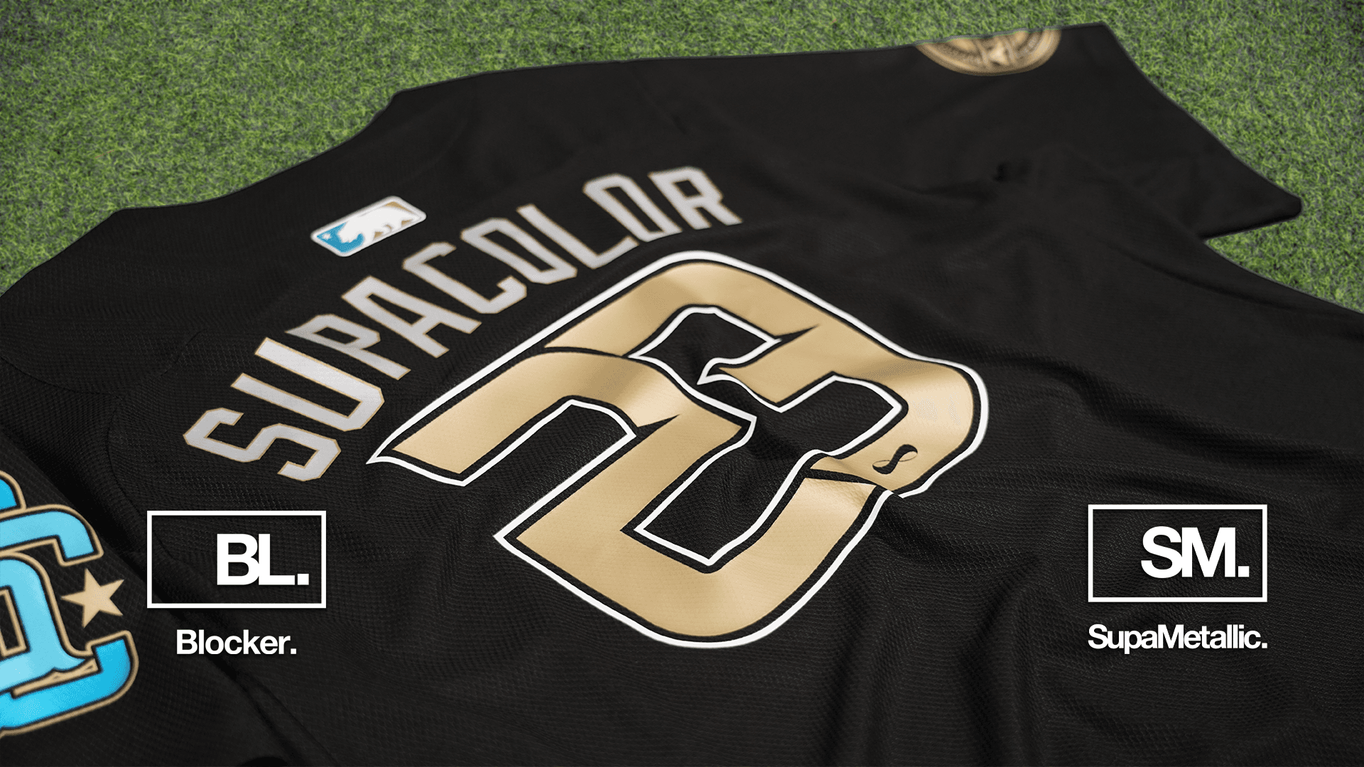 Black sports jersey displaying number 55 with metallic gold accents and Blocker and SupaMetallic branding
