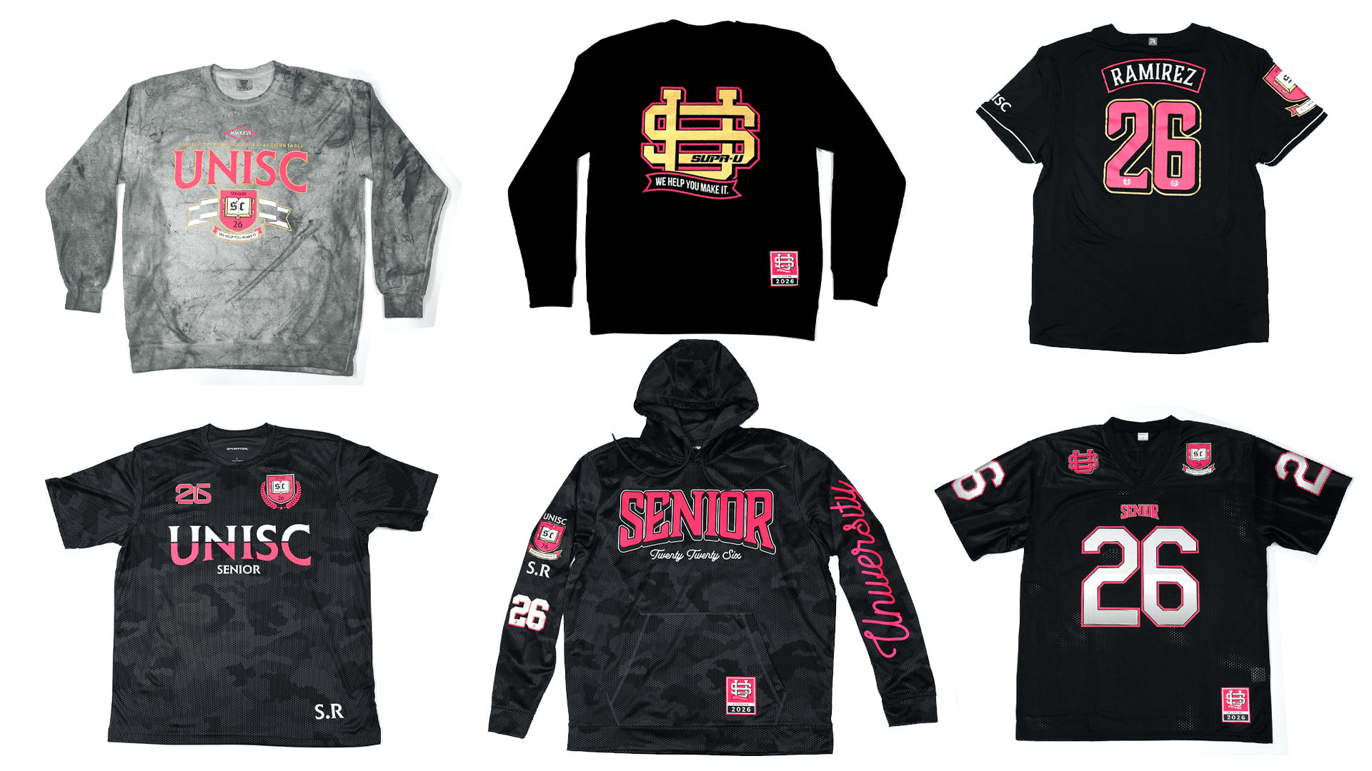 Six sportswear pieces featuring neon heat transfer designs with pink and yellow text and logos