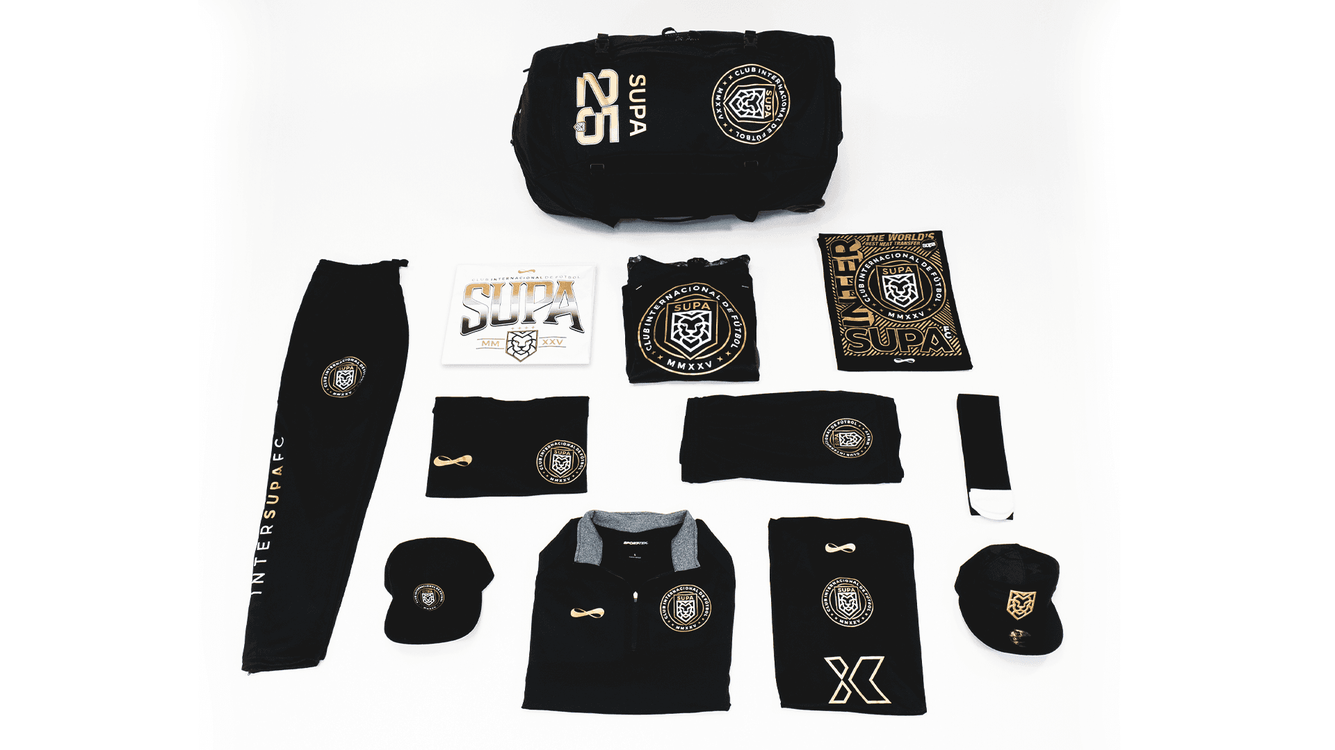 SUPA branded merchandise collection including apparel, accessories, and packaging displayed flat lay